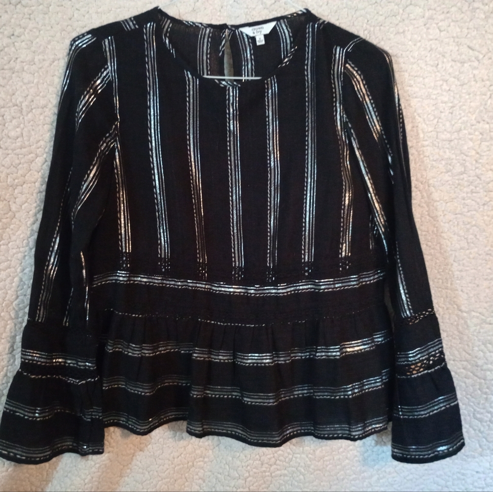 Crown & Ivy Top Womens Small Black & Silver Striped Peplum Hem Relaxed